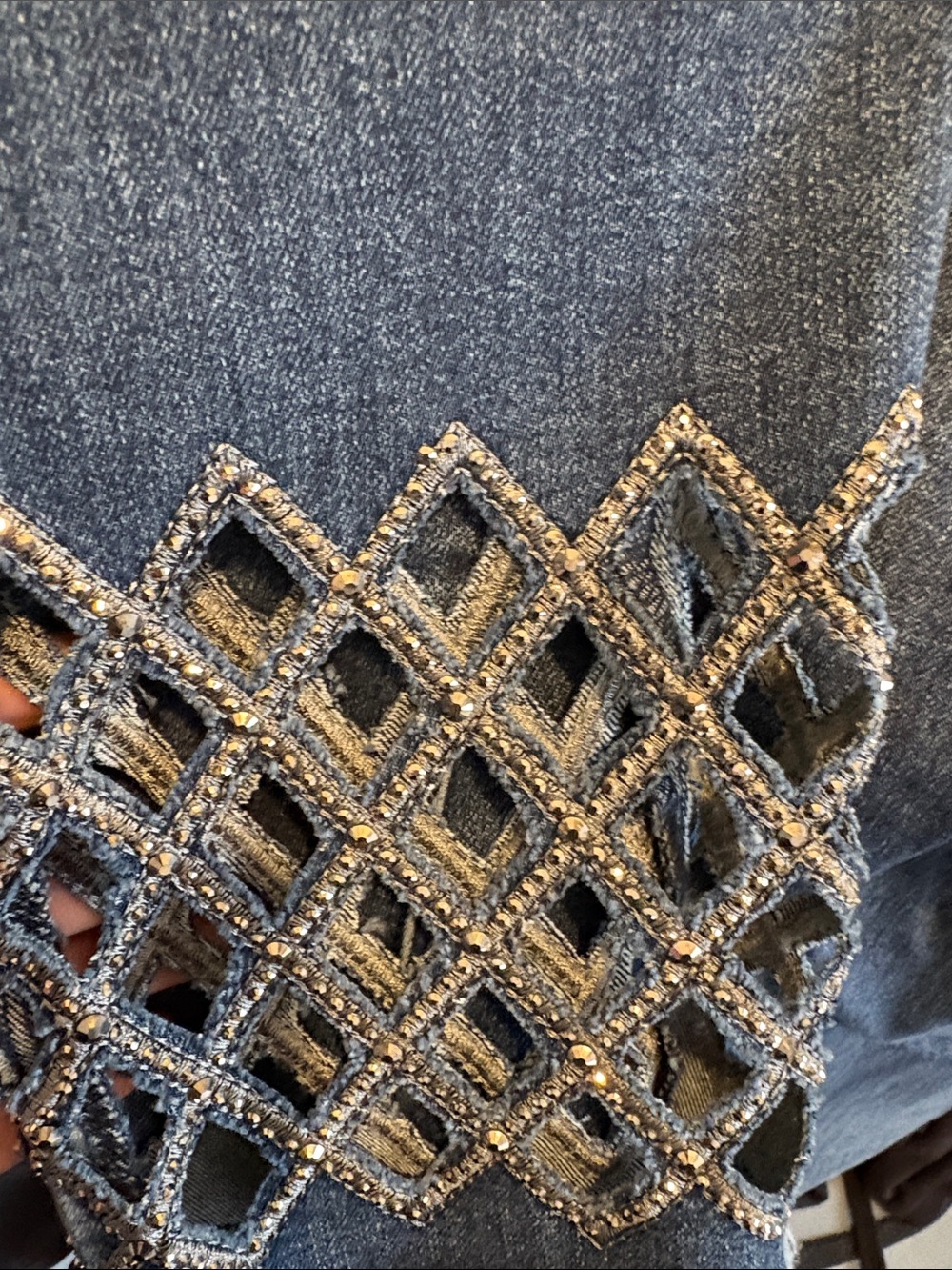 Crop Dark Blue  Jewelled Lattice Denim Jeans